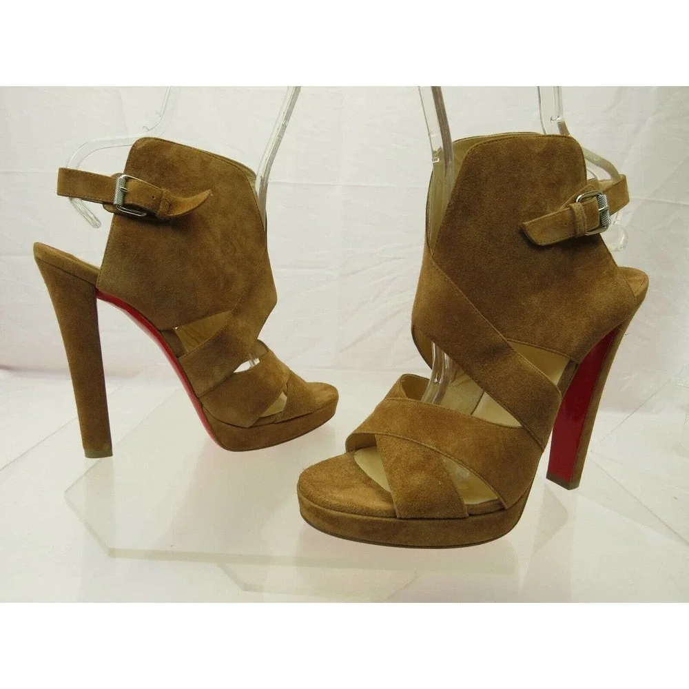 NIB LOUBOUTIN APRON LILI 120 BROWN SUEDE CRISSCROSS PLATFORM PUMPS 40.5 ITALY - Picture 3 of 12